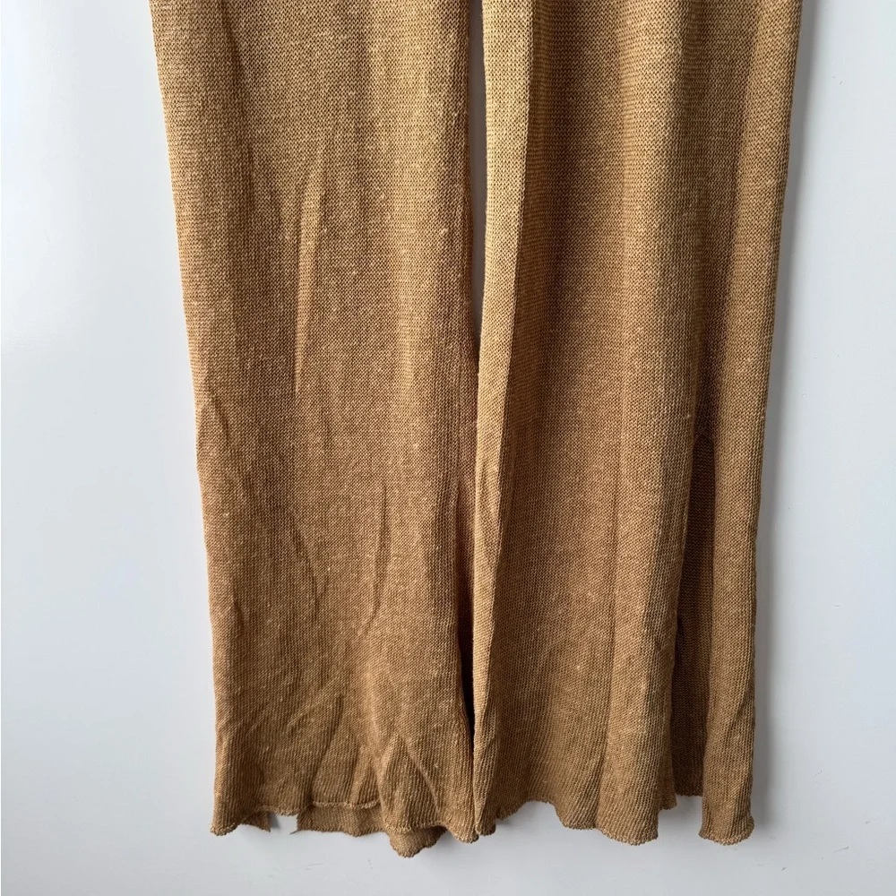 ZARA Knit High Rise Brown Linen Blend Leg Slits Wide Leg‎ Pants Size Small NWT